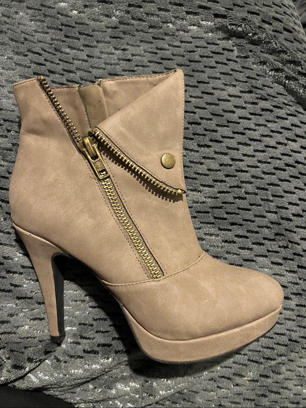 2 Lips Too Taupe Faux-Suede Platform Ankle Boots with Gold Zip